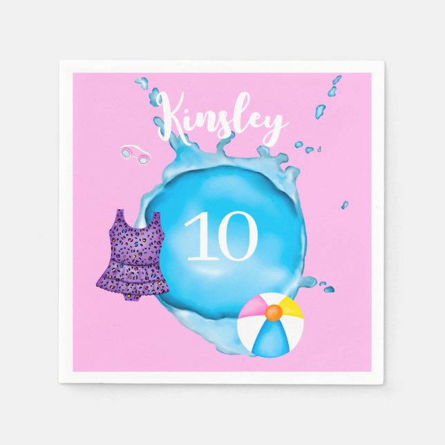 Name Splash and Age Leopad Swimsuit Paper Napkin (Front)