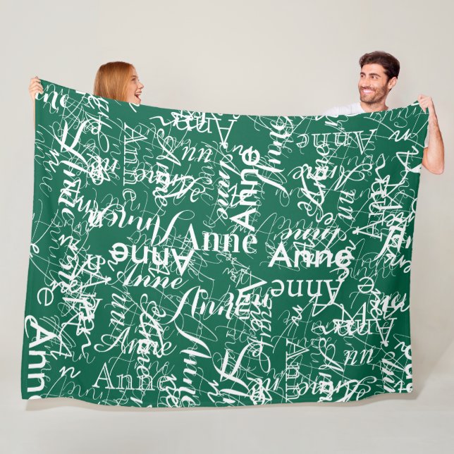 Name Stamped in White All-Over Green Fleece Blanket (In Situ)
