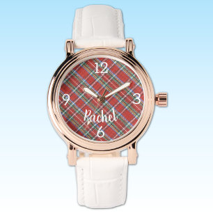 Name, Stewart Tartan Plaid, White Leather Womans Watch