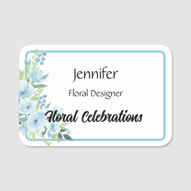 Name Tag Blue Flowers Florist Custom Text (Front)