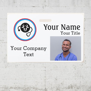 Name Tag with Veterinarian Cow, Text PHOTO ID Badge