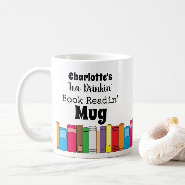 Name Tea Drinking, Book Reading Coffee Mug (With Donut)