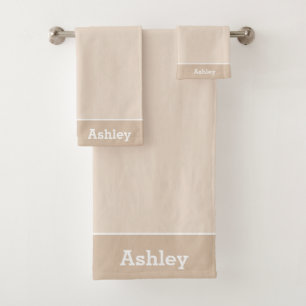 Name Text on Light Sand Beige Bath Towel Set