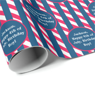 Name Text Red Blue White 4th of July Striped Wrapping Paper