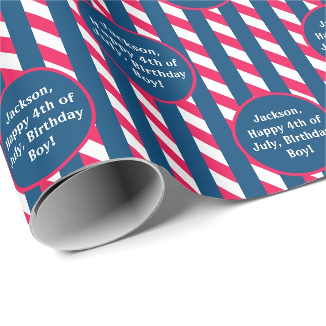Name Text Red Blue White 4th of July Striped Wrapping Paper (Roll Corner)