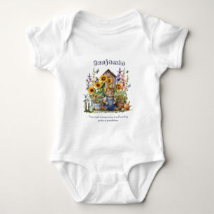 Name Text Saying Flower Garden Sunflowers Rabbit  Baby Bodysuit