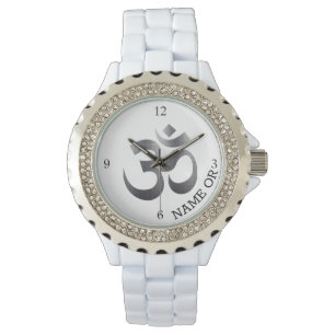 Name, Textured-Looking Metal Om Symbol Rhinestone Watch
