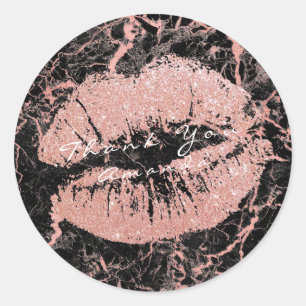 Name Thank You Kiss Black Glitter Marble Rose Gold Classic Round Sticker