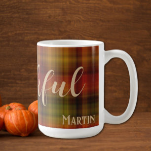 Name & Thankful on Plaid Pattern 15oz Autumn Mug