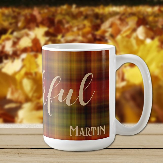 Name & Thankful on Plaid Pattern 15oz Autumn Mug (Creator Uploaded)