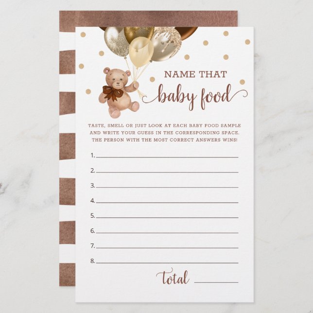 Name That Baby Food Game Baby Shower Teddy Bear  (Front/Back)