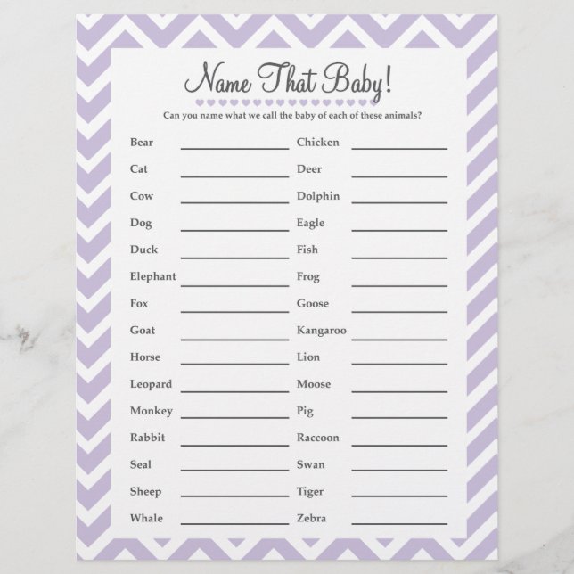 Name that baby game in lavender (Front)