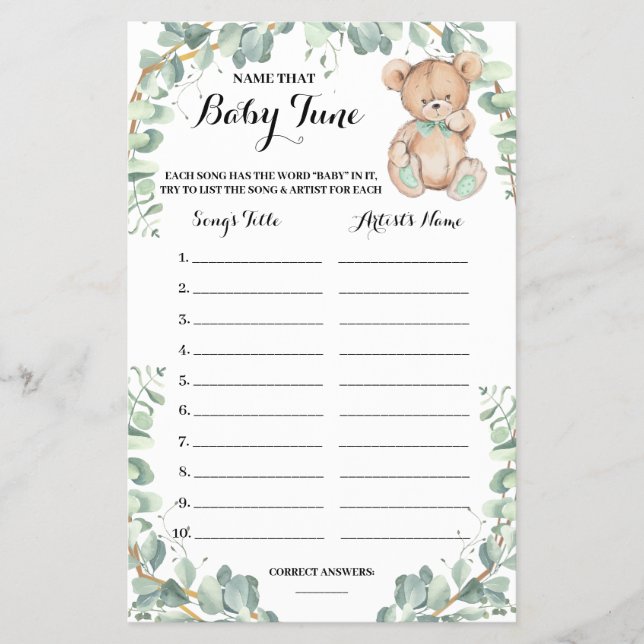 Name that Baby Tune Bear Greenery Shower Game Card (Front)