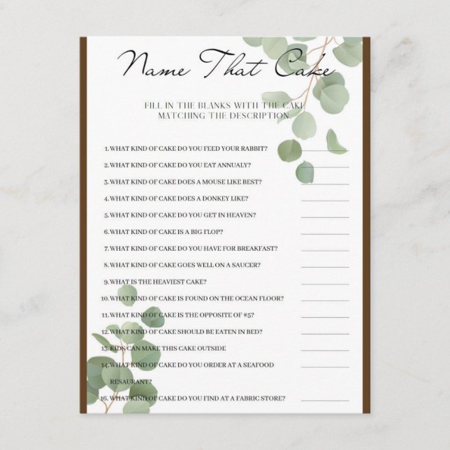 Name That Cake Bridal Party Game Enclosure Card (Front)