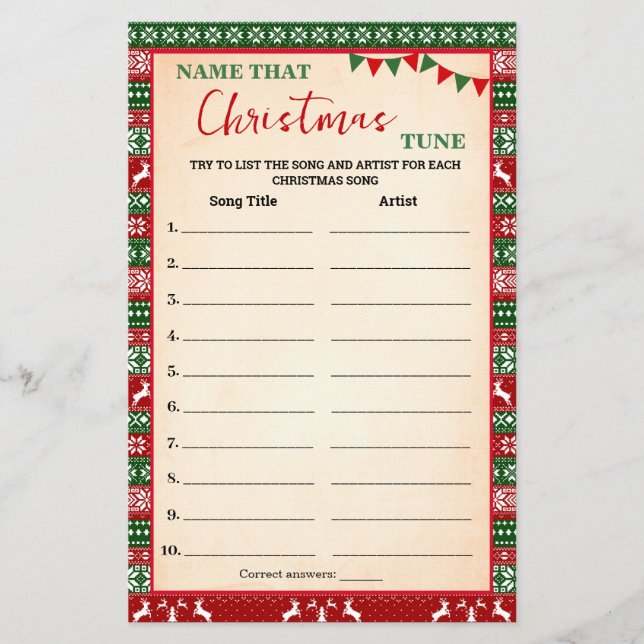Name that Christmas Tune Game Ugly Sweater Card (Front)