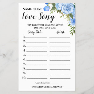 Name that Love Song Bridal Shower Blue Game Card