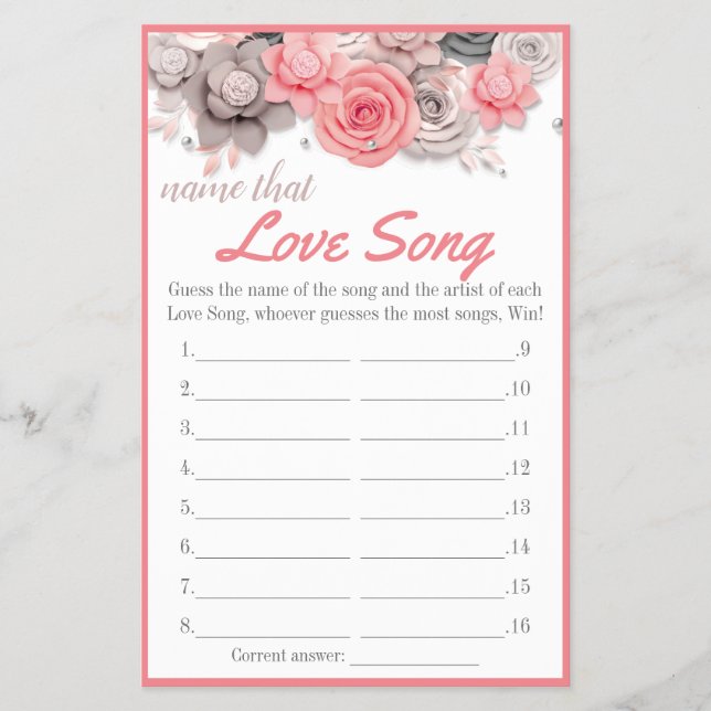 Name that Love Song Bridal Shower Game Card (Front)