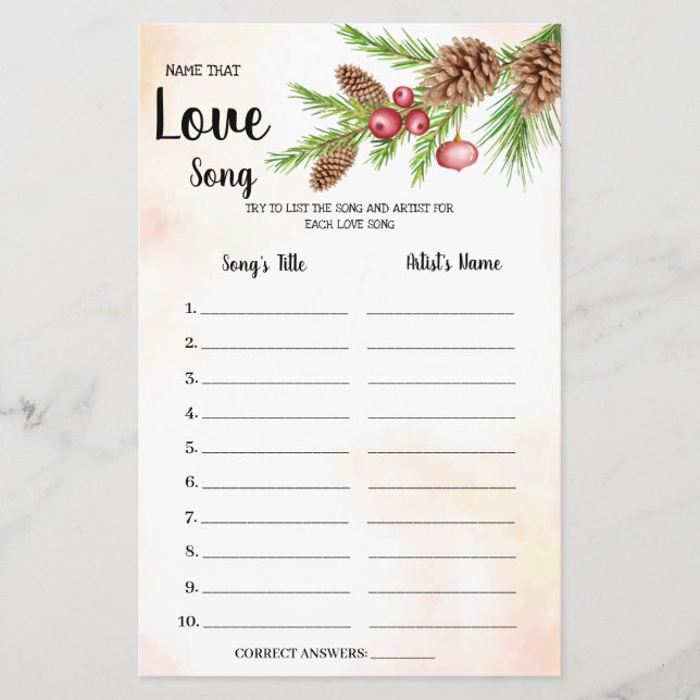 Name that Love Song Bridal Shower Game Card (Front)