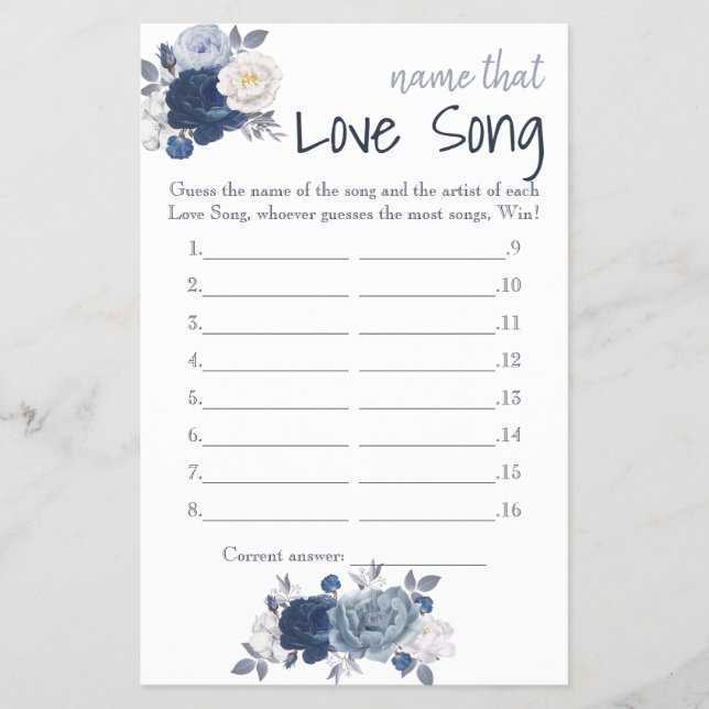 Name that Love Song Bridal Shower Game Card Flyer (Front)