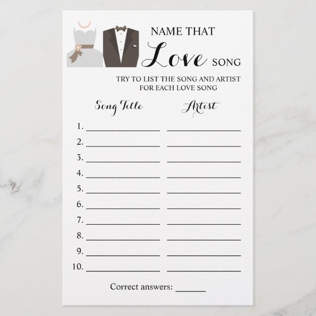 Name that Love Song Bride & Groom Game Card (Front)