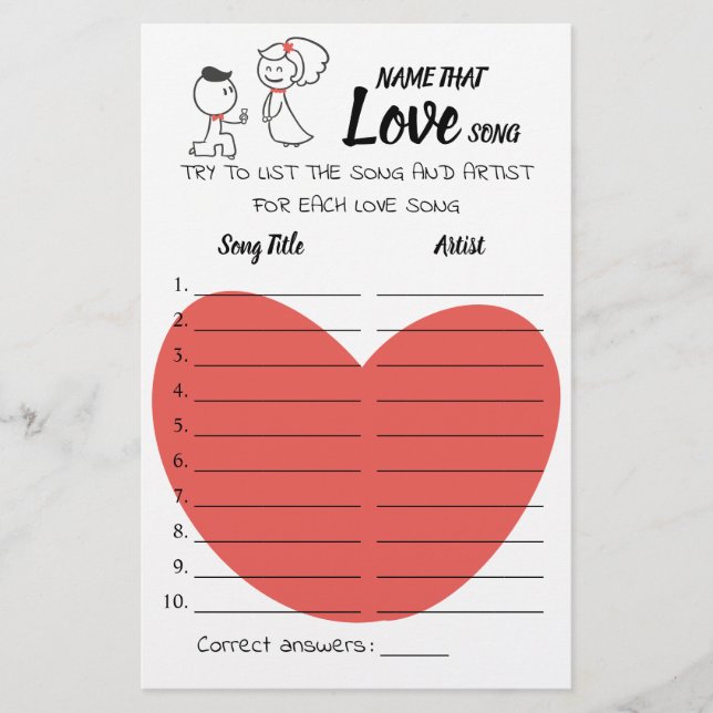 Name that Love Song Cartoon Couple Game Card (Front)