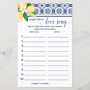Name that Love Song Mediterranean Shower Game Card