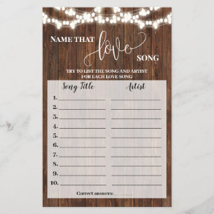Name that Love Song Shower Western Game Card