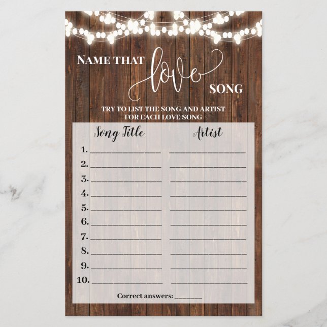 Name that Love Song Shower Western Game Card (Front)