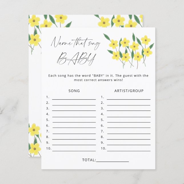Name that song baby shower game Wildflowers (Front/Back)