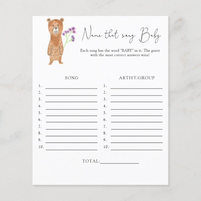 Name that song \ Bear theme baby shower game (Front)
