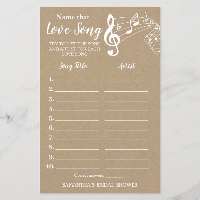 Name that song bridal shower english spanish game (Front)