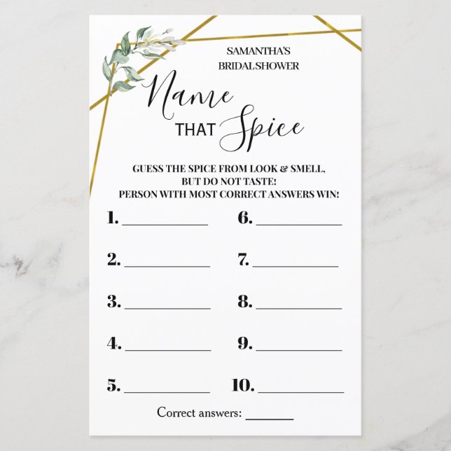 Name that Spice bilingual bridal shower game (Front)