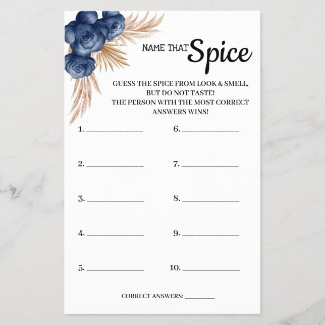 Name that Spice Blue Flower Bridal Shower Game Flyer (Front)