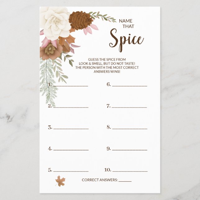 Name that Spice Boho Autumn BridalShower Game Card (Front)