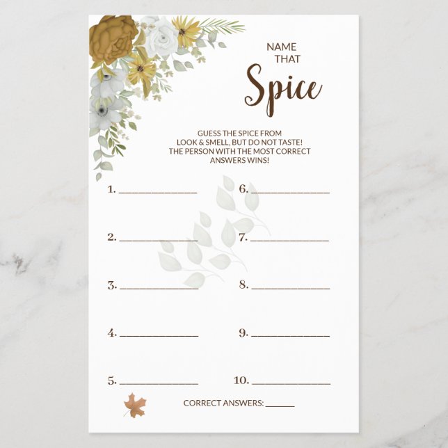 Name that Spice Boho Autumn BridalShower Game Card (Front)