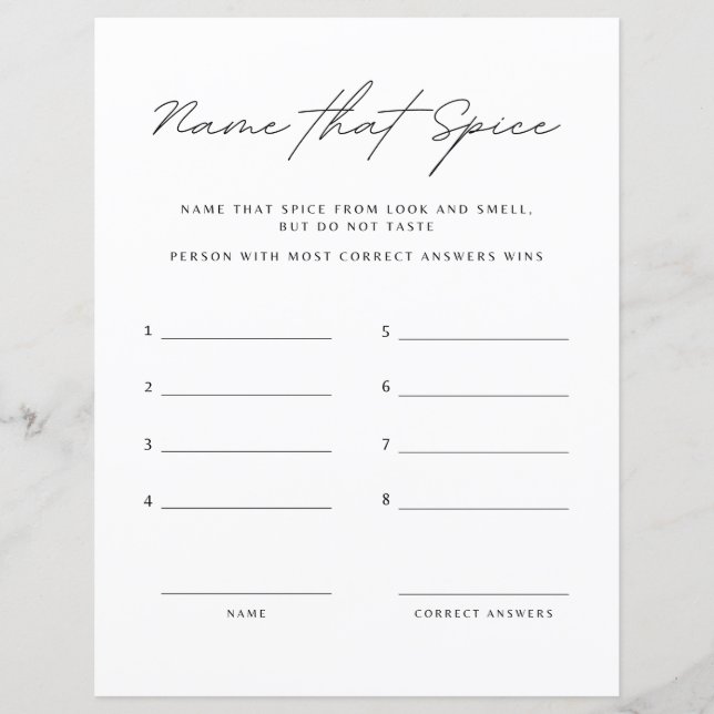 Name That Spice Bridal Shower Game (Front)
