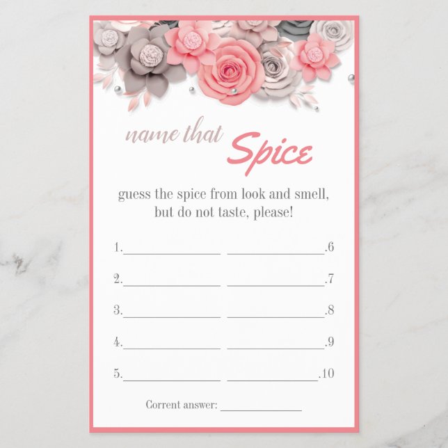 Name that Spice Bridal Shower Game Card (Front)