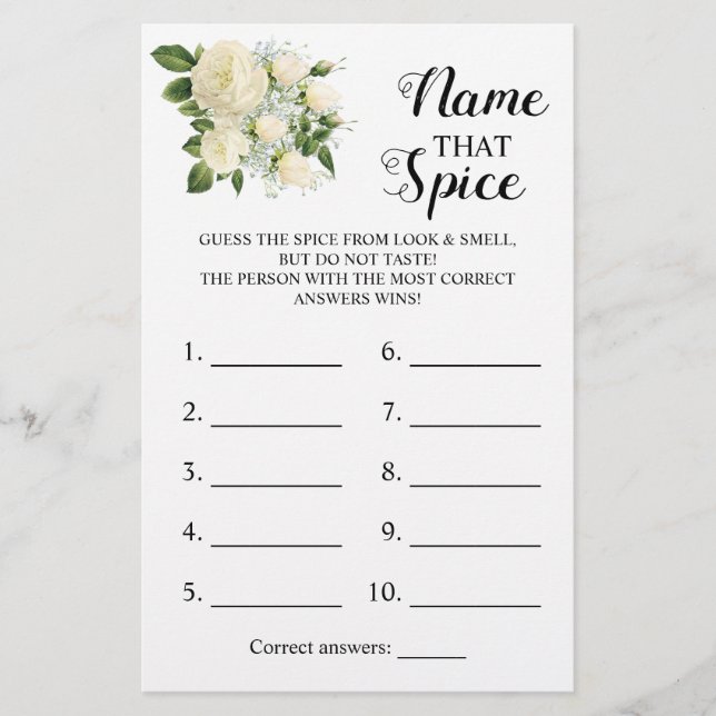 Name that Spice Bridal Shower Game Card (Front)