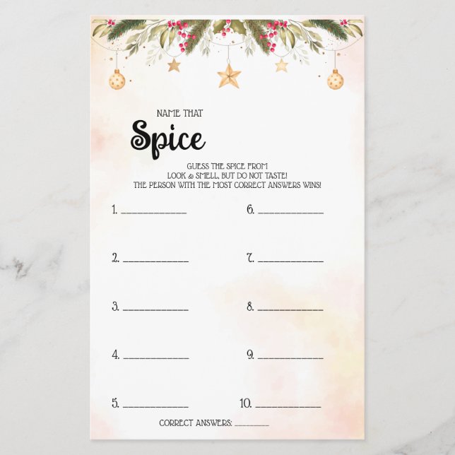 Name that Spice Christmas Bridal Shower Game Card  (Front)