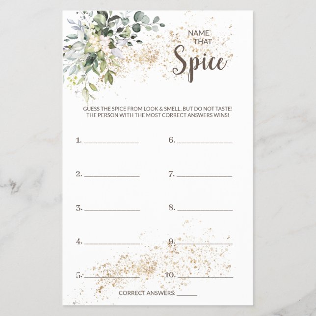 Name that Spice Herbal Bridal Shower Game Card (Front)