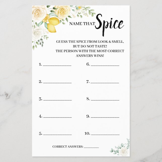 Name that Spice Lemon&Roses BridalShower Game Card (Front)
