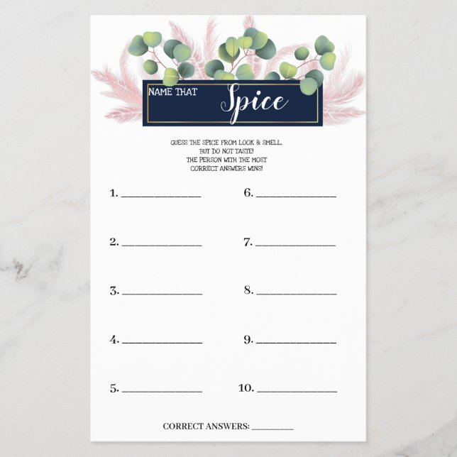 Name that Spice PampasGrass BridalShower Game Card (Front)