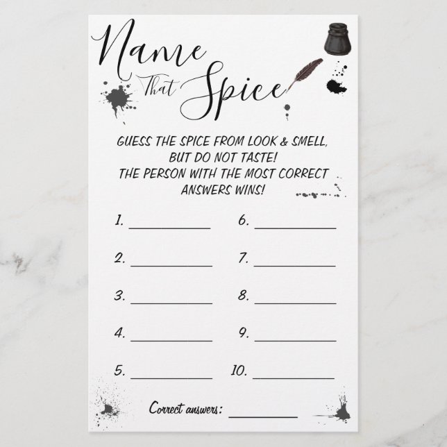 Name that Spice | Pen & Inkwell Game Card (Front)