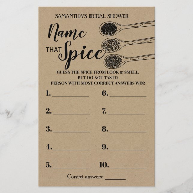 Name that Spice Rustic Bridal Shower Game Card (Front)
