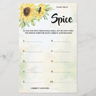 Name that Spice Sunflowers Bridal Shower Game Card