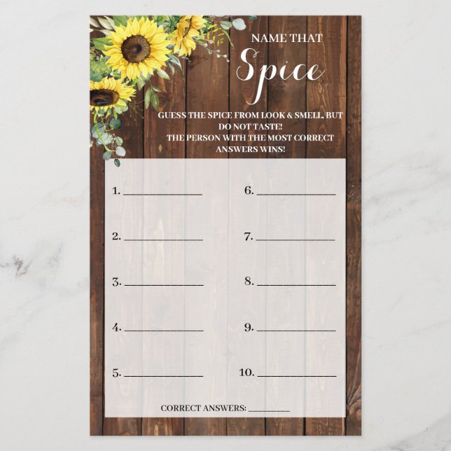 Name that Spice Sunflowers Bridal Shower Game Card (Front)