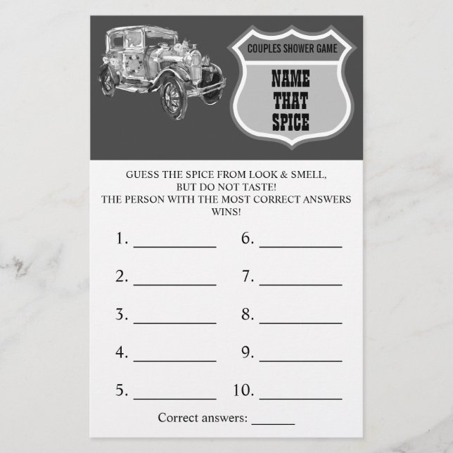 Name that Spice | Wedding Car Shower Game Card (Front)