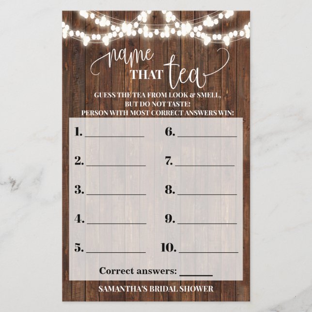 Name that Tea Western Bridal Shower Game Card (Front)