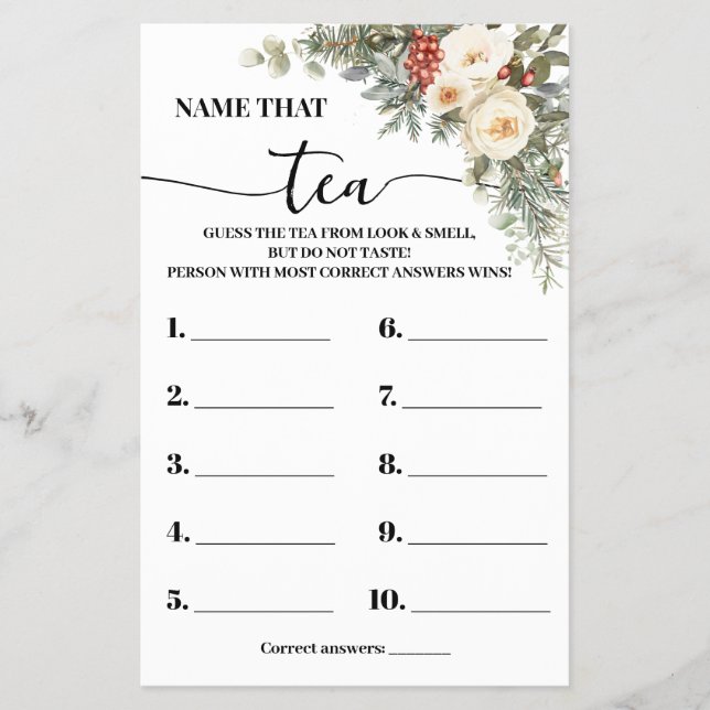 Name that Tea Winter Bridal Shower Game Card (Front)