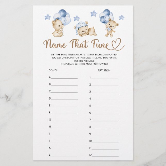 Name That Tune Teddy Bear Boy Baby Shower  (Front)